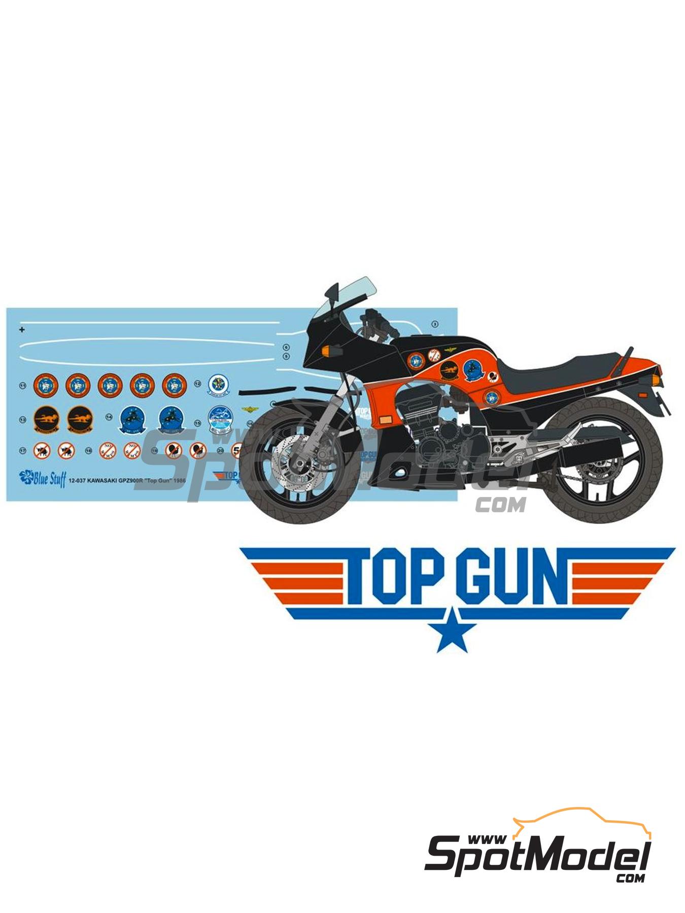 Kawasaki GPZ900R sponsored by Top Gun - 1986. Marking / livery in 1/12  scale manufactured by Blue Stuff (ref. 12-037)